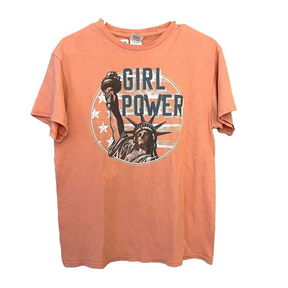 Girl Power Coral Pink USA Patriot America T Shirt M Women's Delta Pro Weight